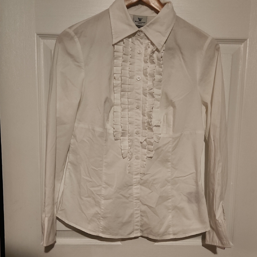 Worthington Stretch White Button-Down Shirt with Ruffle Detail Sz Sm